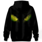 Back view of Alien Files hoodie showing yellow-green eyes on shoulder blades.