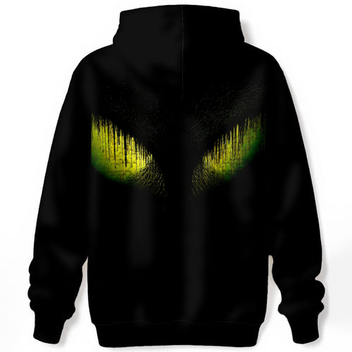 Back view of Alien Files hoodie showing yellow-green eyes on shoulder blades.