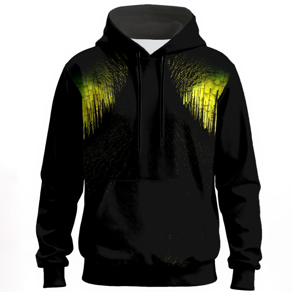 Alien Files black hoodie with yellow-green wing design on chest and shoulders.