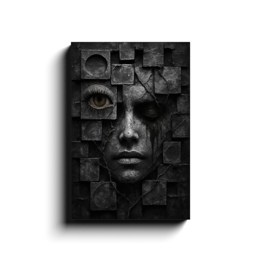 Always Sleep with One Eye Open – dark figurative canvas, stone face with a single open red-veined eye embedded in cracked cement blocks.