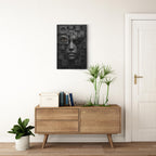 Always Sleep with One Eye Open canvas displayed above a cabinet — dark figurative wall art in a styled interior setting.