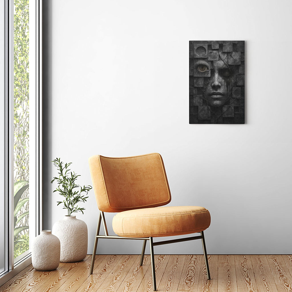 Always Sleep with One Eye Open canvas above a chair — dark figurative statement art in a living space.