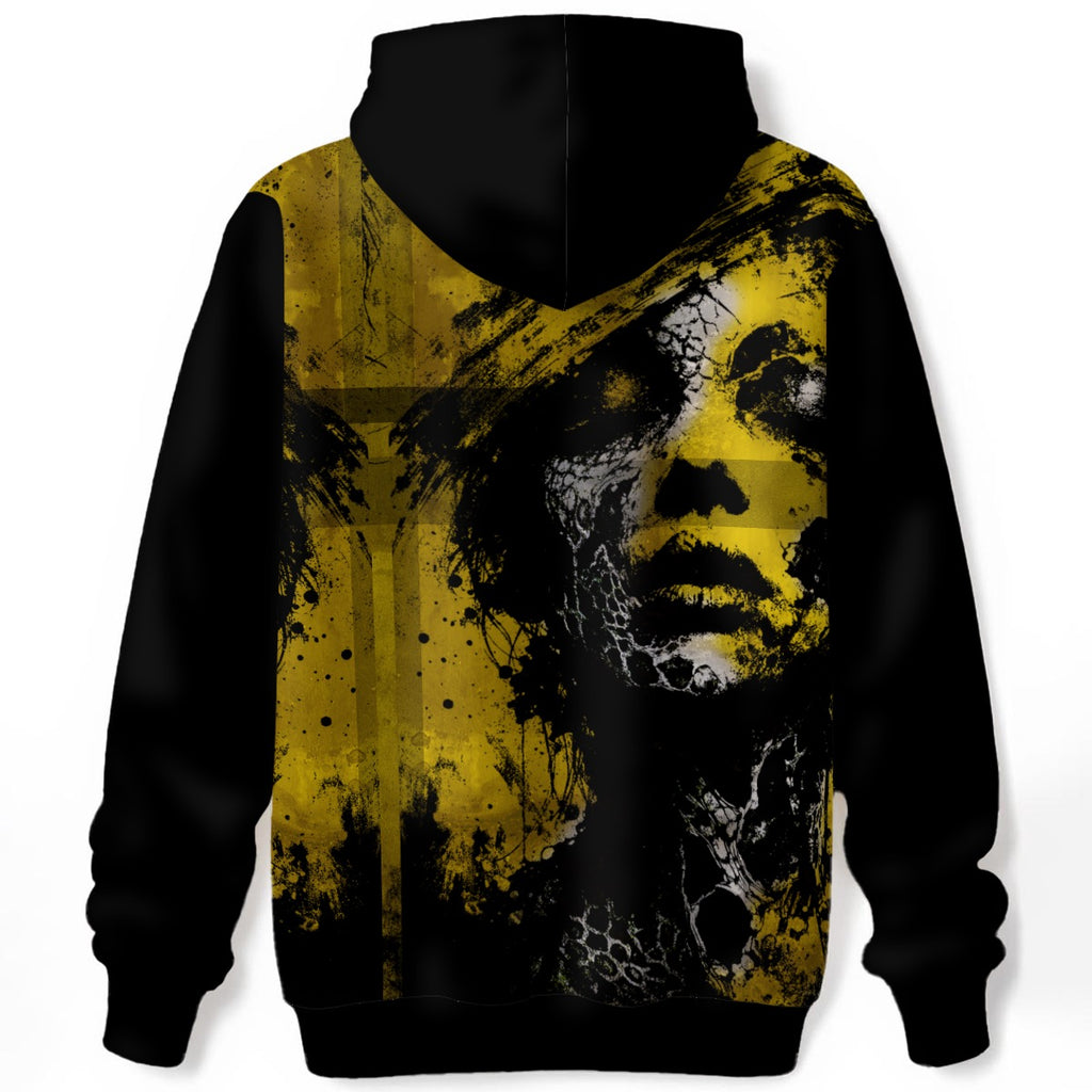 Becoming Nothing hoodie back — full coverage print showing face in stages of erosion from human to absence
