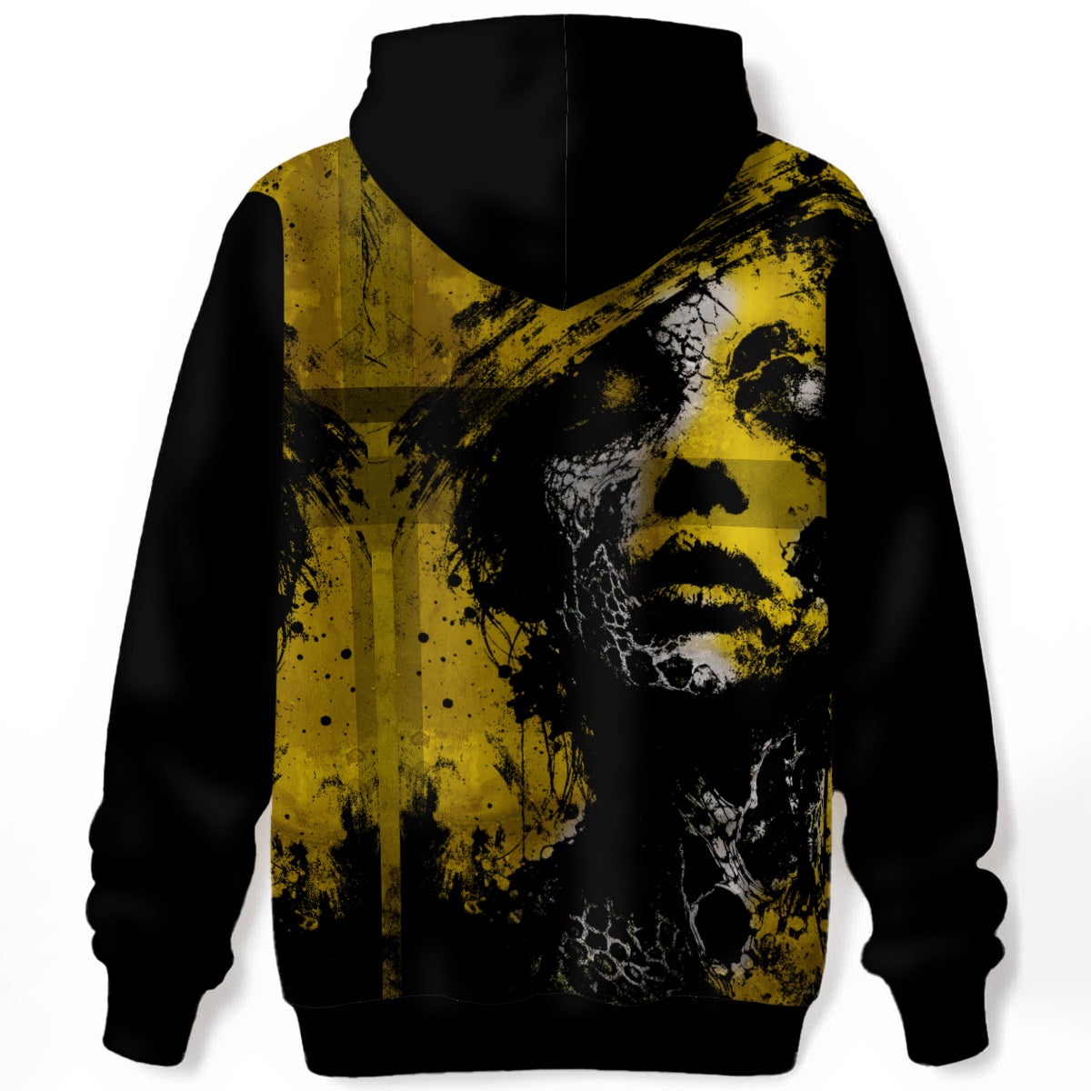 Becoming Nothing hoodie back — full coverage print showing face in stages of erosion from human to absence
