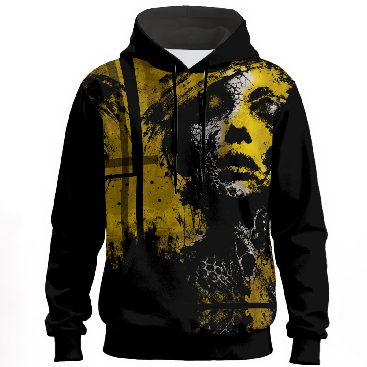 Becoming Nothing hoodie front — all-over print with dissolving female face, snake skin texture and eroded black voids.
