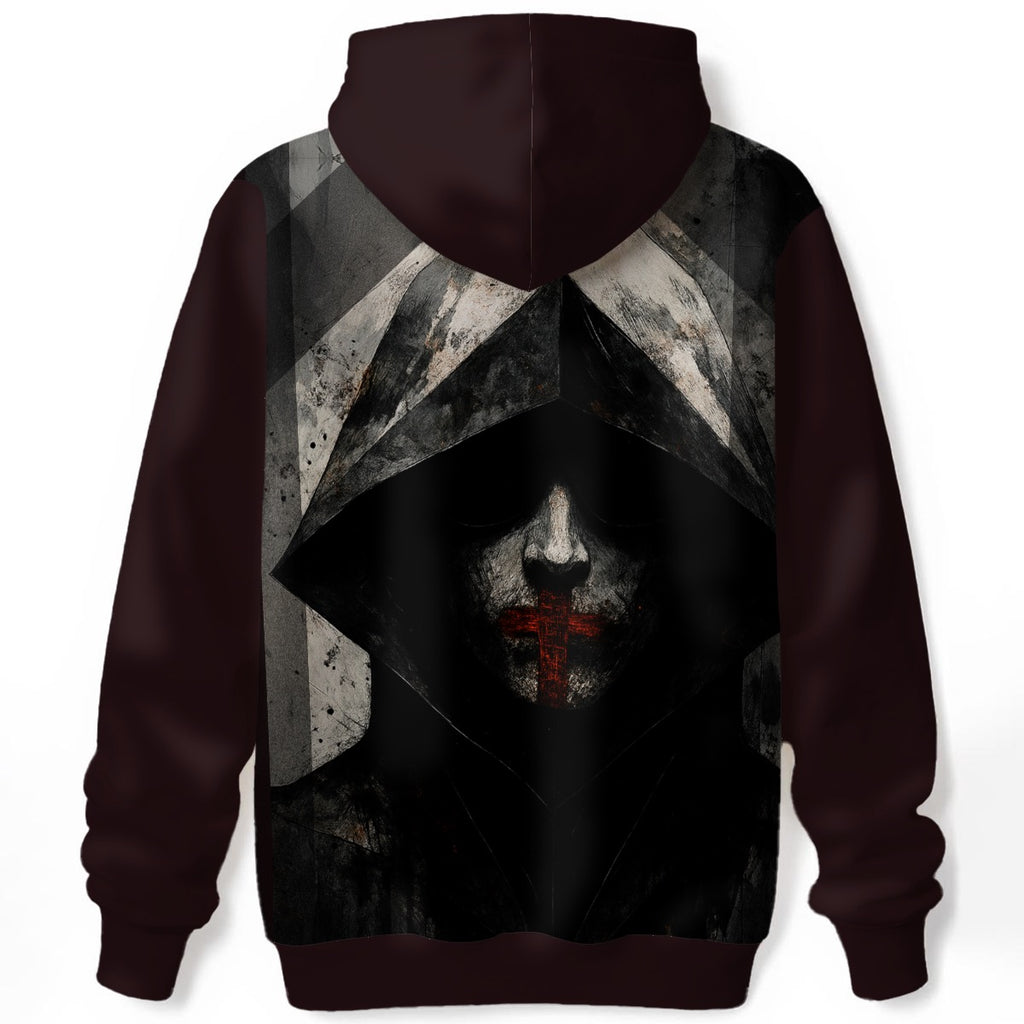 Wearable art hoodie with confrontational print design exploring religious silence and control in that name