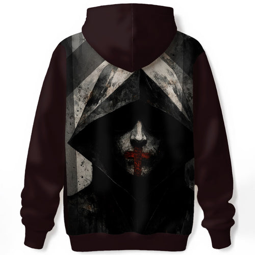 Wearable art hoodie with confrontational print design exploring religious silence and control in that name