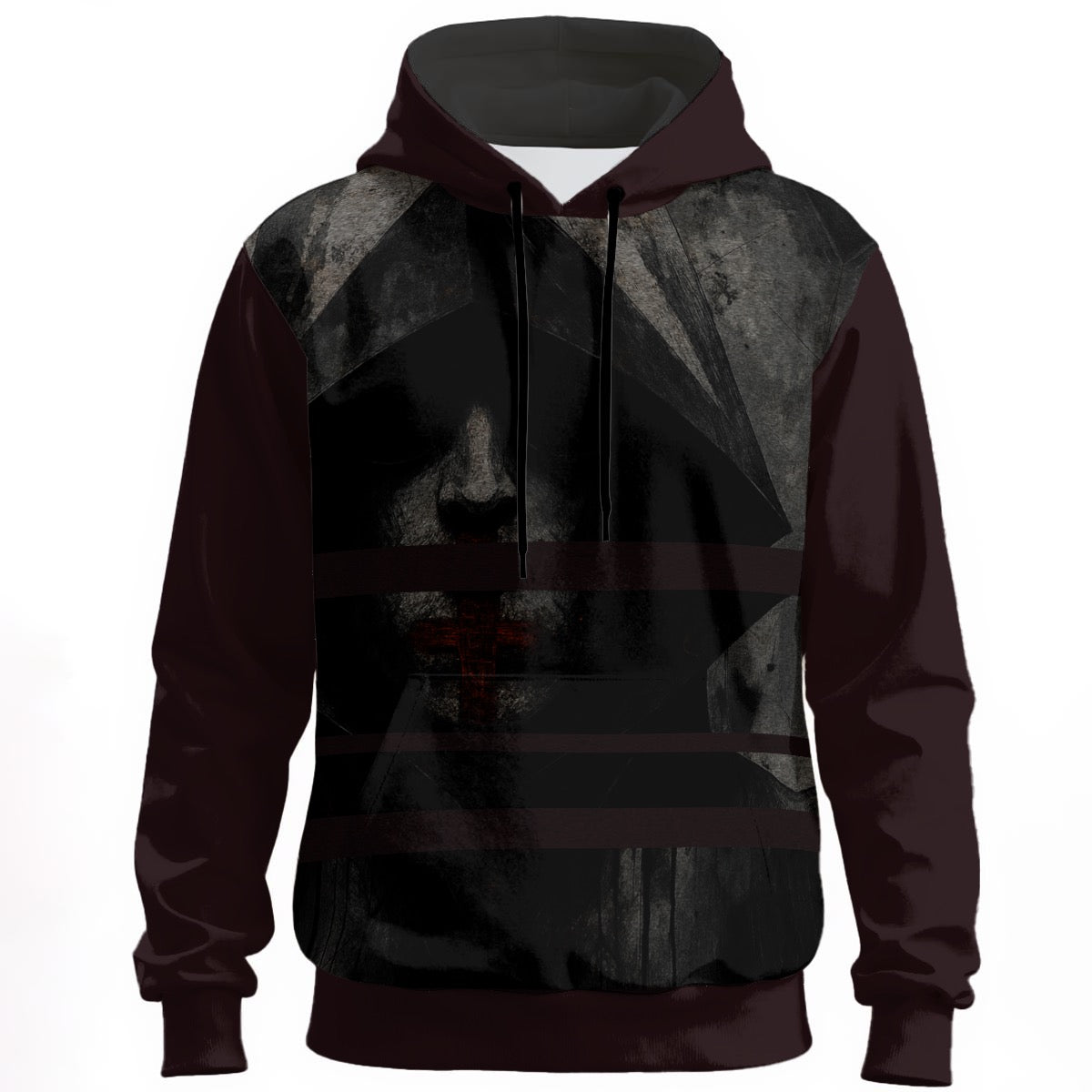 Wearable art hoodie with a cross over the mouth symbolizing religious control and enforced silence.