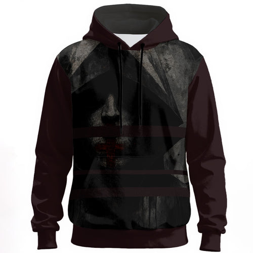 Wearable art hoodie with a cross over the mouth symbolizing religious control and enforced silence.