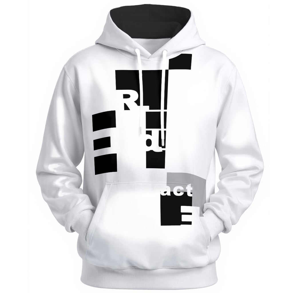 White hoodie with fragmented black bars and partial letters forming redacted text design
