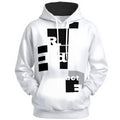 White hoodie with fragmented black bars and partial letters forming redacted text design
