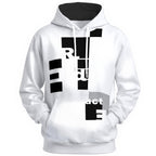 White hoodie with fragmented black bars and partial letters forming redacted text design
