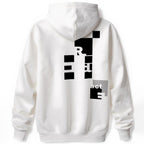 White hoodie back with fragmented black bars and partial letters forming redacted text design