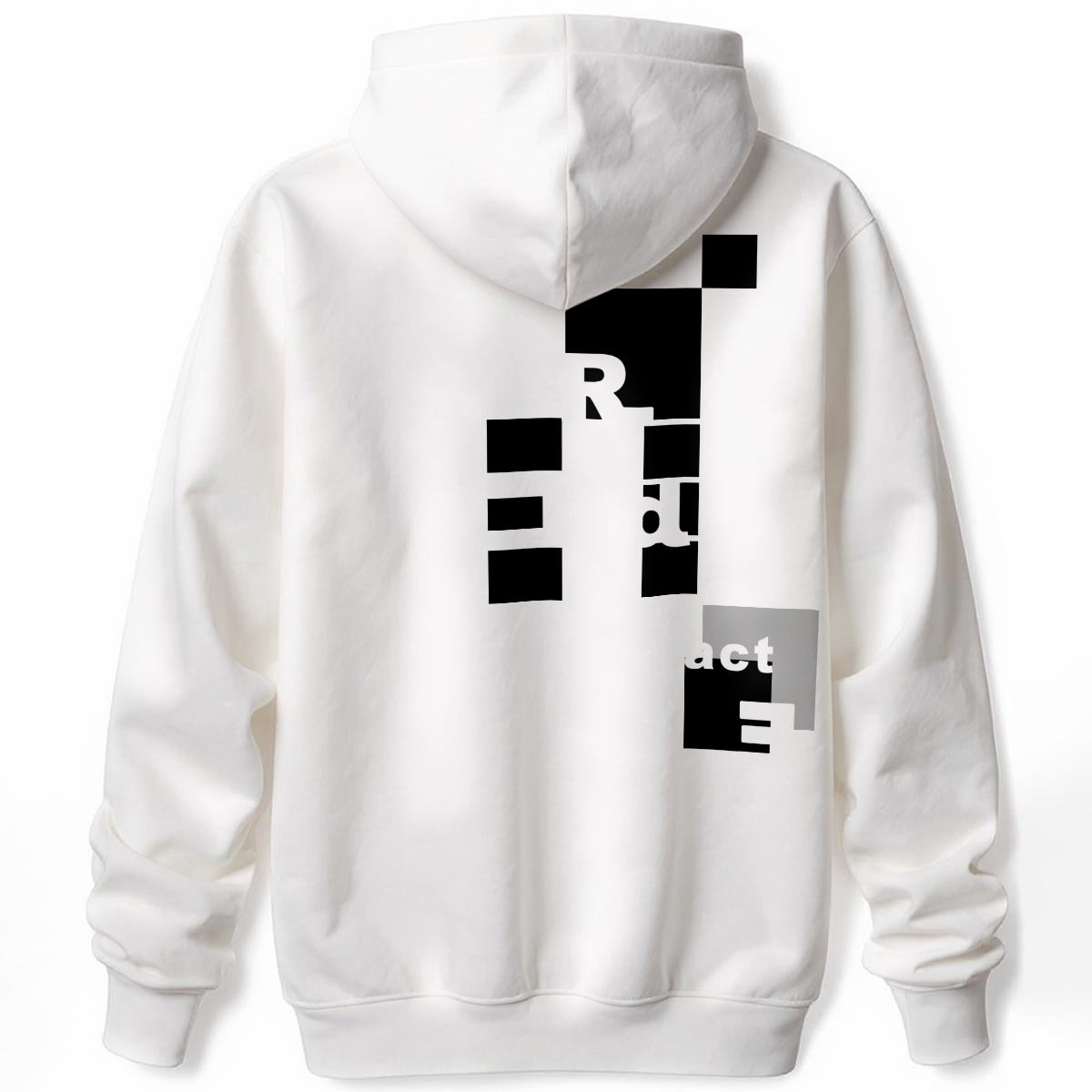 White hoodie back with fragmented black bars and partial letters forming redacted text design