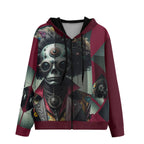 Steampunk skull design with geometric burgundy color blocking on zip-up hoodie
