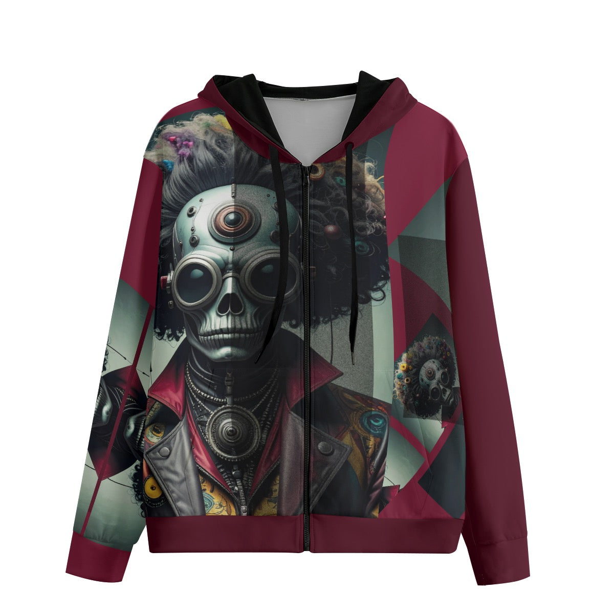 Steampunk skull design with geometric burgundy color blocking on zip-up hoodie
