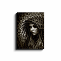 Dark monochromatic portrait with structural grid and interwoven lines.