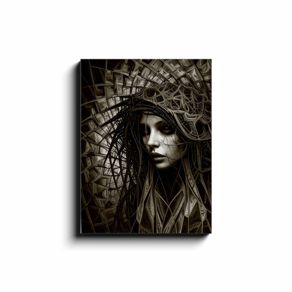 Dark monochromatic portrait with structural grid and interwoven lines.