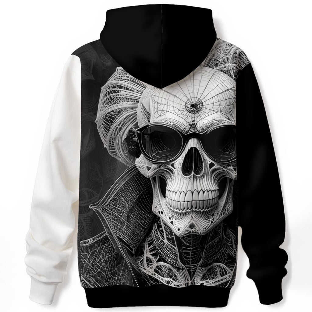 Architectural line work skull design on black and white statement hoodie