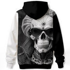 Architectural line work skull design on black and white statement hoodie