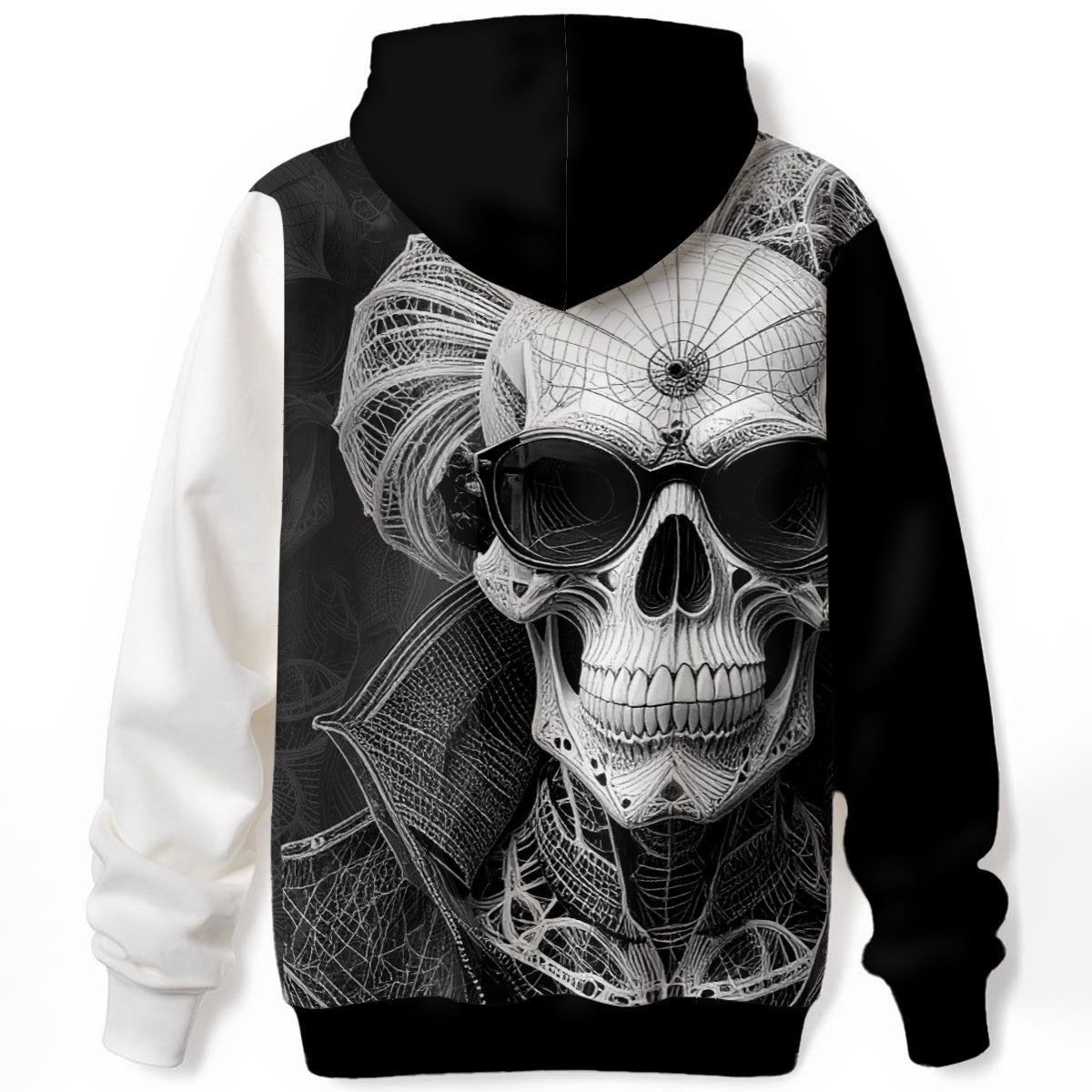 Architectural line work skull design on black and white statement hoodie
