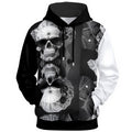 Wireframe geometric skull design with asymmetric black and white sleeves on hoodie.
