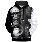 Wireframe geometric skull design with asymmetric black and white sleeves on hoodie.