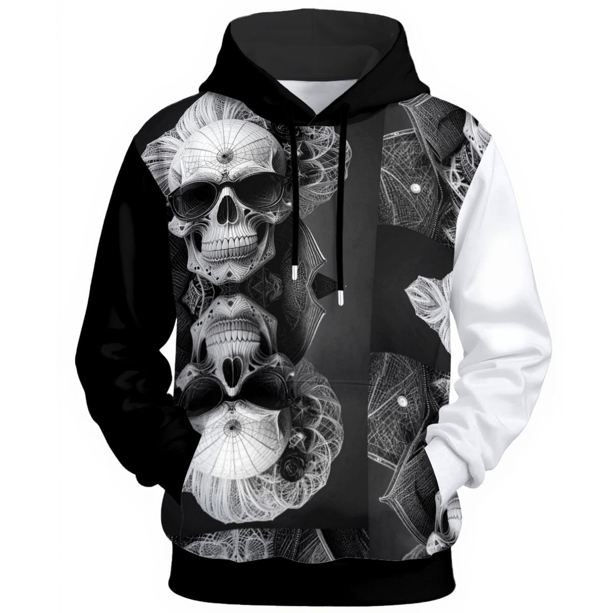 Wireframe geometric skull design with asymmetric black and white sleeves on hoodie.