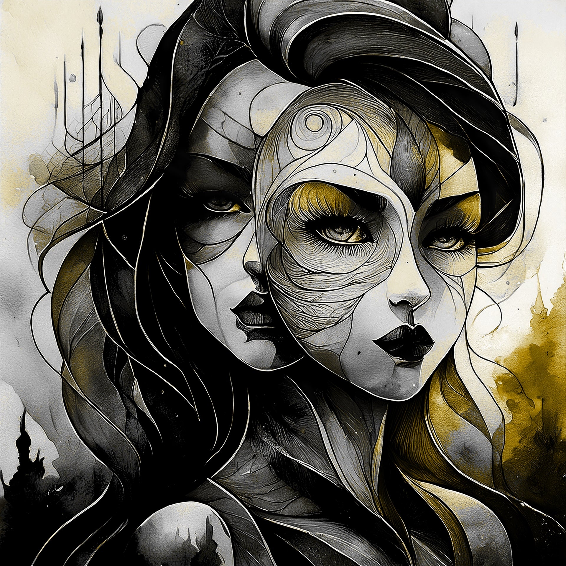 Overlapping abstract forms with gold accents - modern art print exploring identity and masks