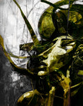 Figure with head in hands showing exhaustion in yellow-green tones - psychological art print about stress