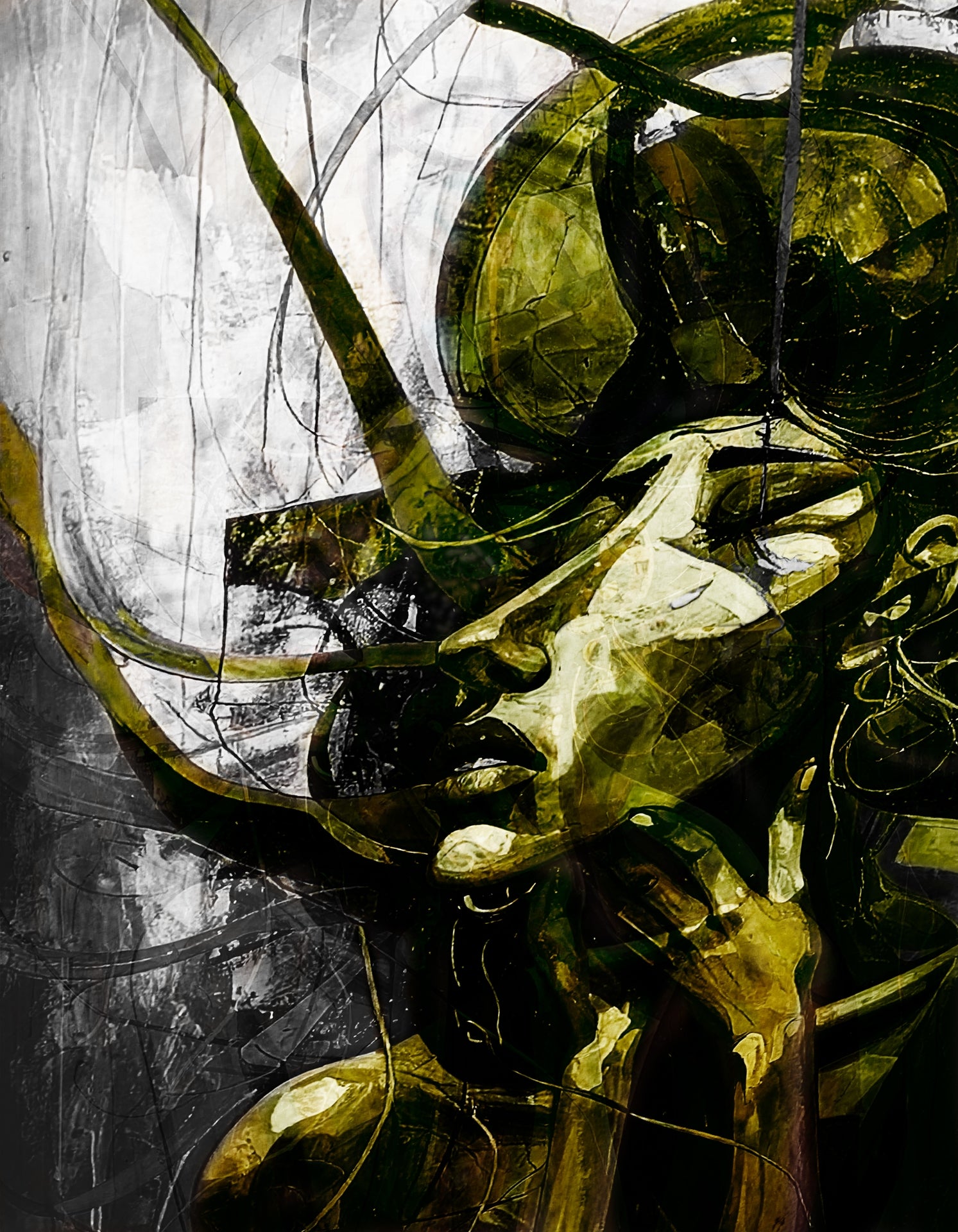 Figure with head in hands showing exhaustion in yellow-green tones - psychological art print about stress