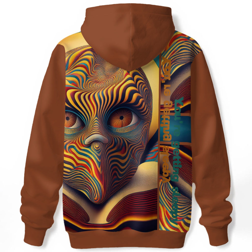 Surreal multi coloured face that states - You're Getting Sleepy vertically.