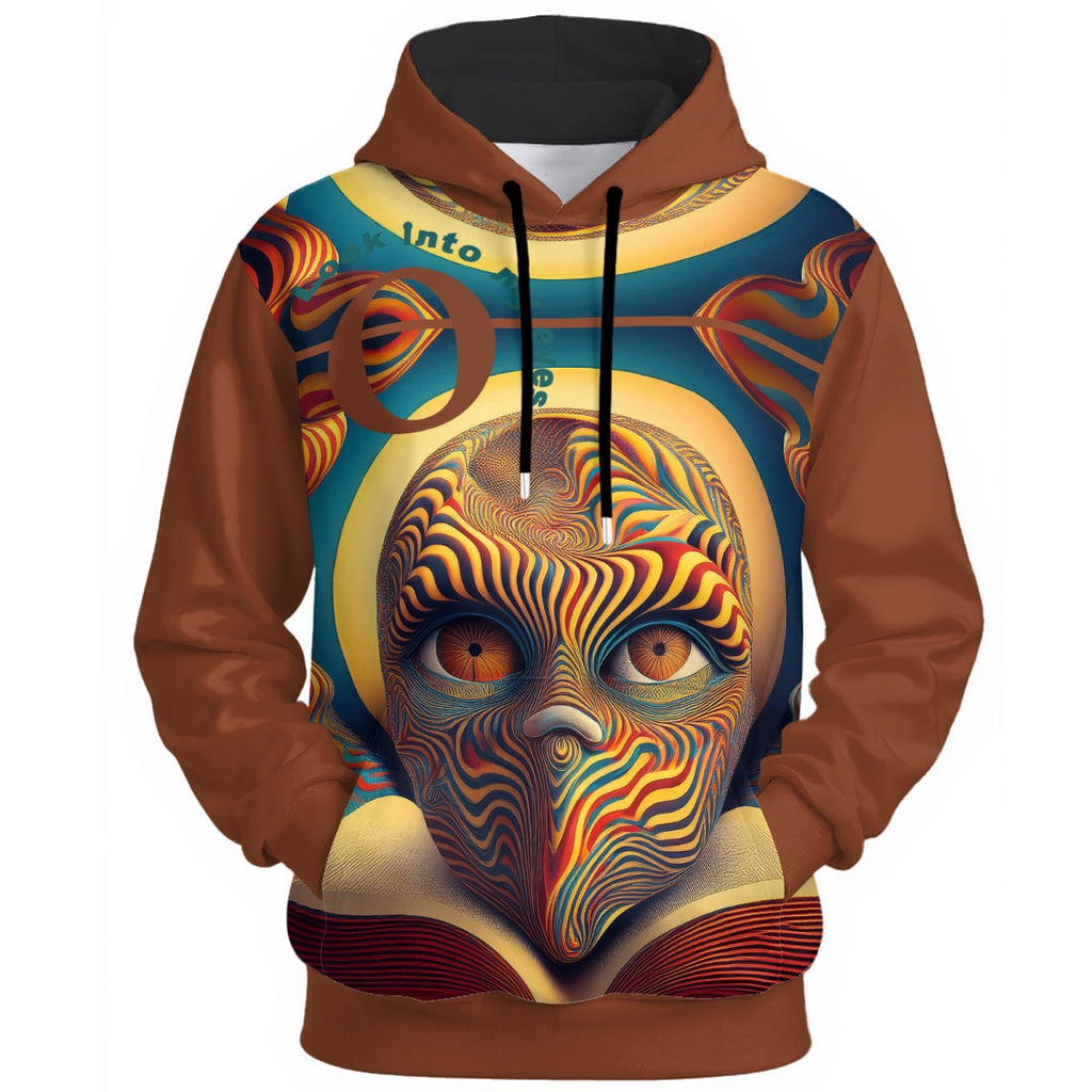 Hypnotic all-over print hoodie with warped face design featuring psychedelic spiral patterns in brown, gold, and teal tones.