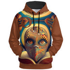 Hypnotic all-over print hoodie with warped face design featuring psychedelic spiral patterns in brown, gold, and teal tones.