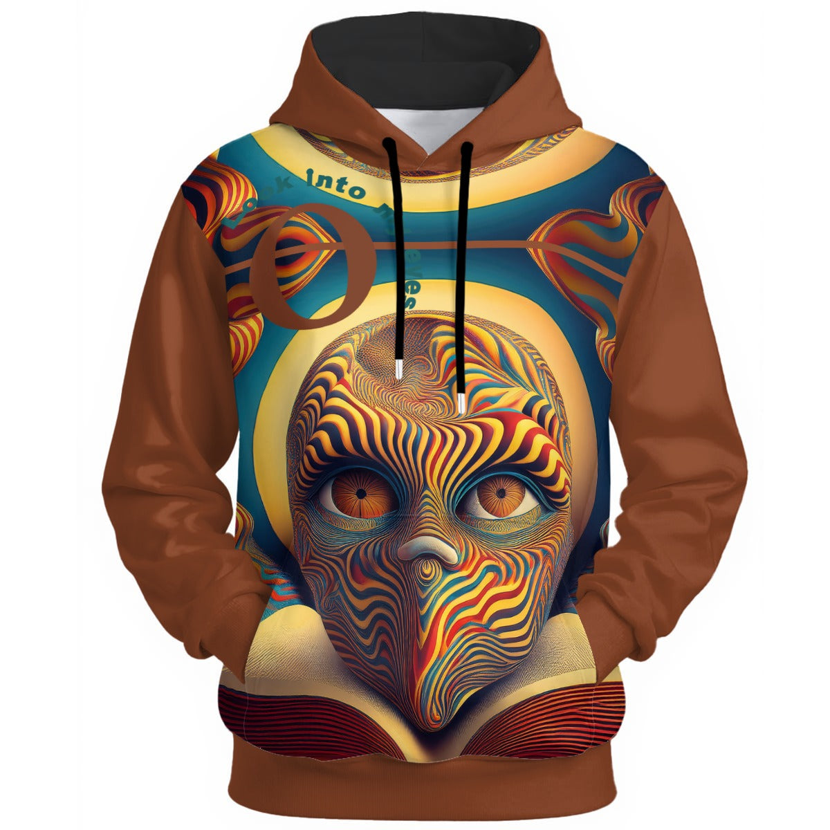 Hypnotic all-over print hoodie with warped face design featuring psychedelic spiral patterns in brown, gold, and teal tones.