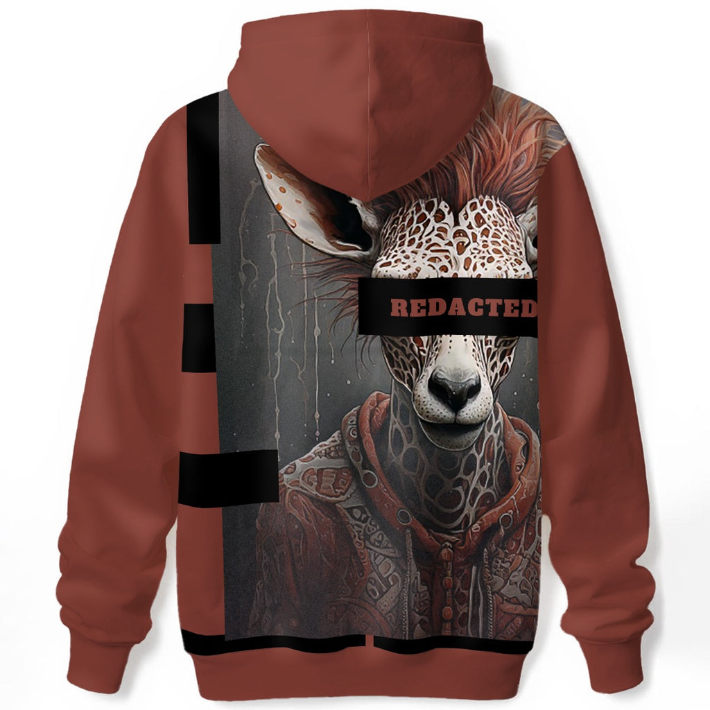 Detailed animal portrait with REDACTED bar over eyes and crew loyalty symbolism on statement hoodie