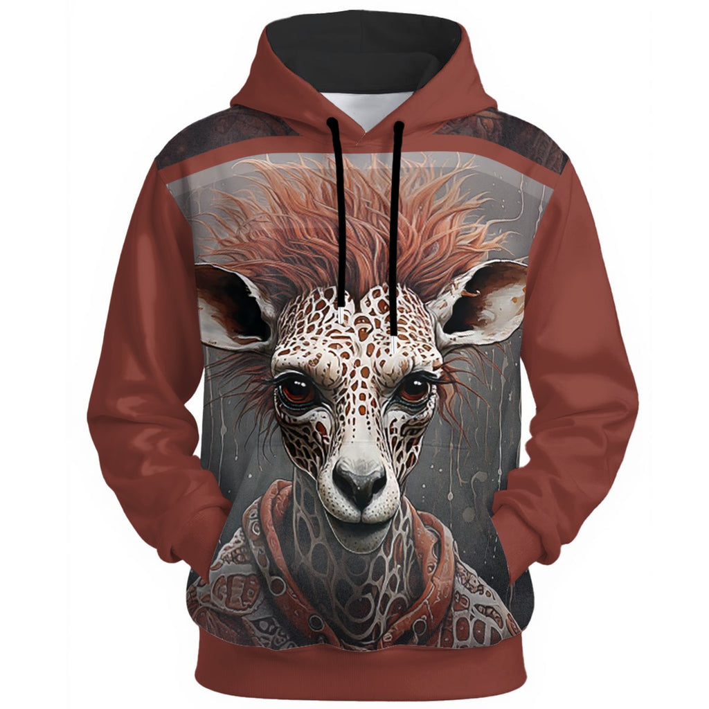 Ornate giraffe-zebra hybrid in mugshot pose with intricate patterning and leather harness on rust-tone hoodie