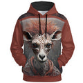 Ornate giraffe-zebra hybrid in mugshot pose with intricate patterning and leather harness on rust-tone hoodie