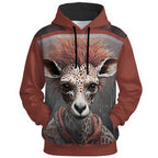 Ornate giraffe-zebra hybrid in mugshot pose with intricate patterning and leather harness on rust-tone hoodie