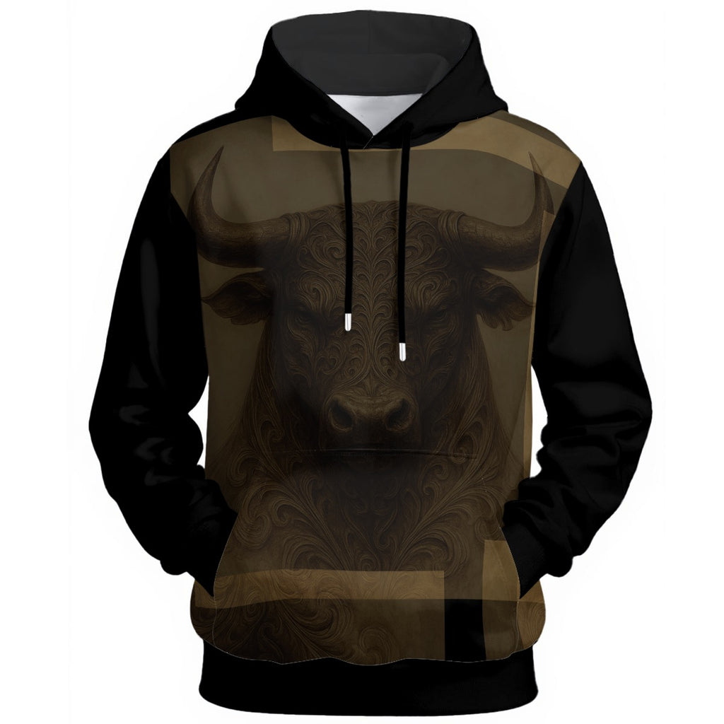 Ornate bull head design with cigar-box colors and checked jacket patterns on statement hoodie
hoodie