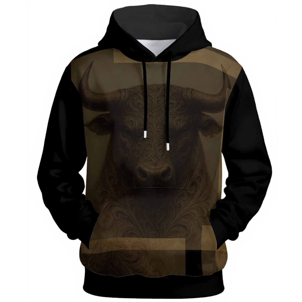 Ornate bull head design with cigar-box colors and checked jacket patterns on statement hoodie
hoodie