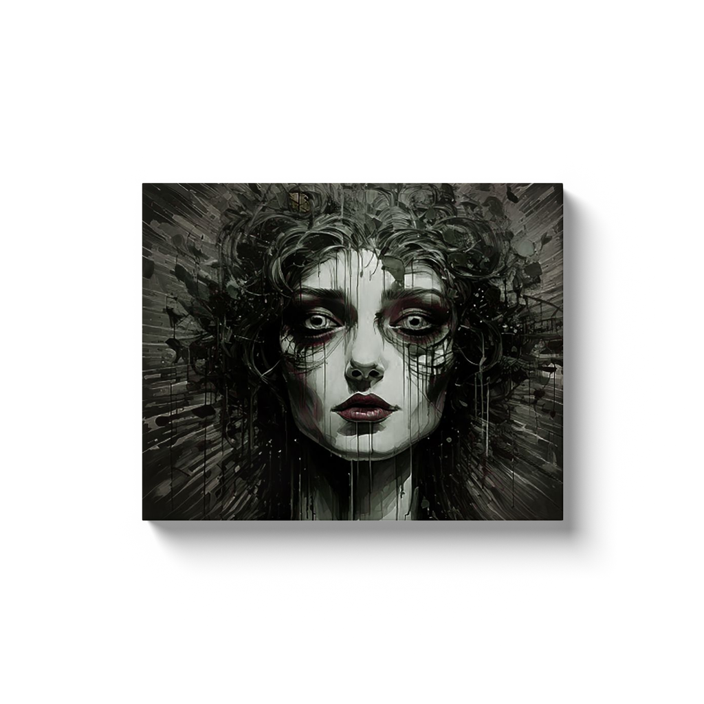 Stressed woman with harried expression contemporary psychological canvas art about performative reassurance