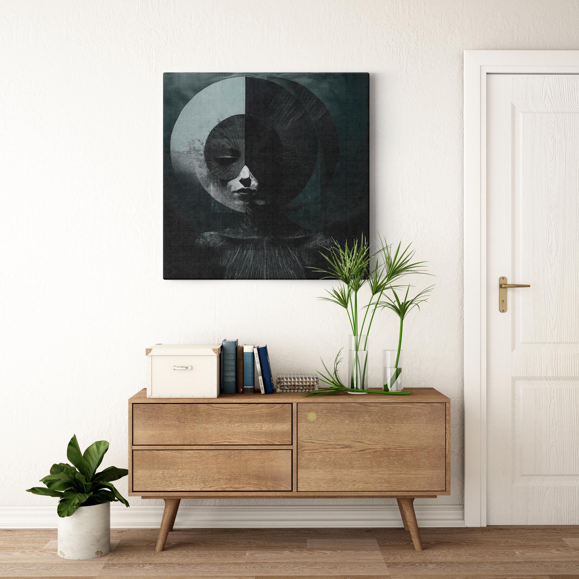 Losing My Mind canvas displayed above a cabinet — moody dark figurative wall art in a styled interior setting.