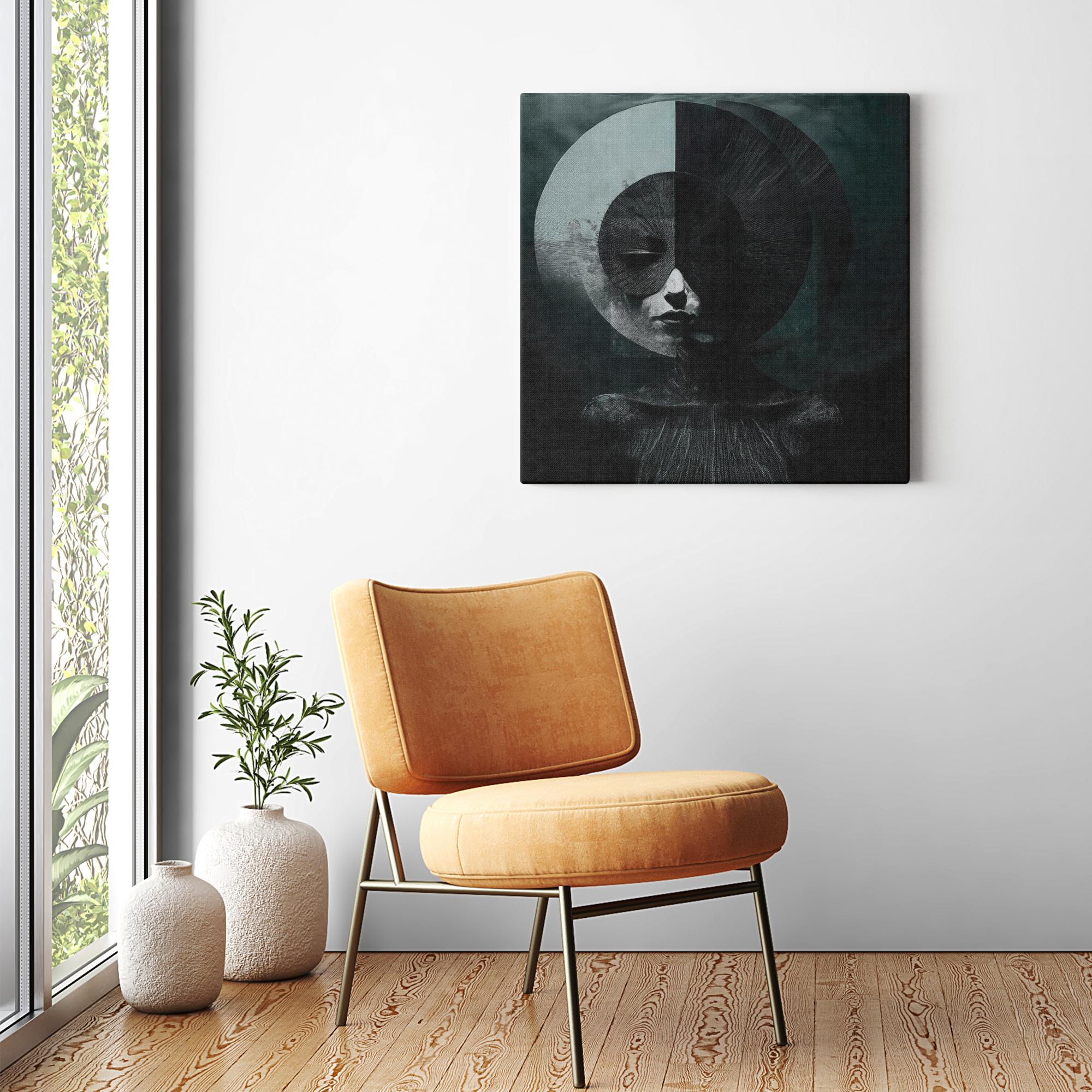 Losing My Mind canvas above a chair — dark abstract figurative art as a statement piece in a living space.