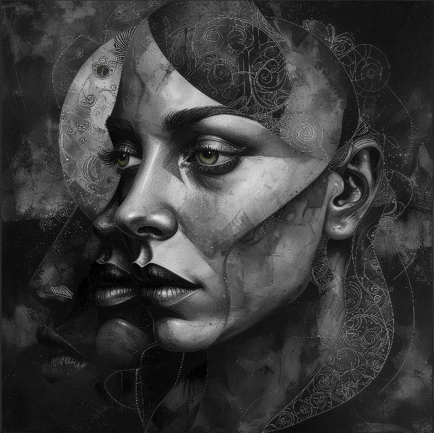 Dark monochromatic portrait canvas with layered faces and mental noise line work.