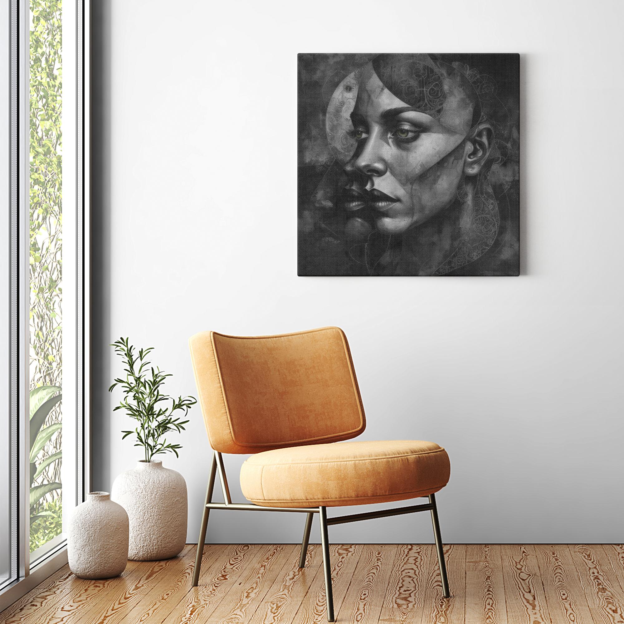 Dark portrait canvas displayed on wall above chair.
