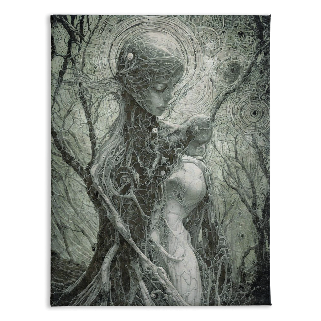 Mother Earth canvas art showing tree-form maternal figure cradling child with organic textures and growth ring patterns
