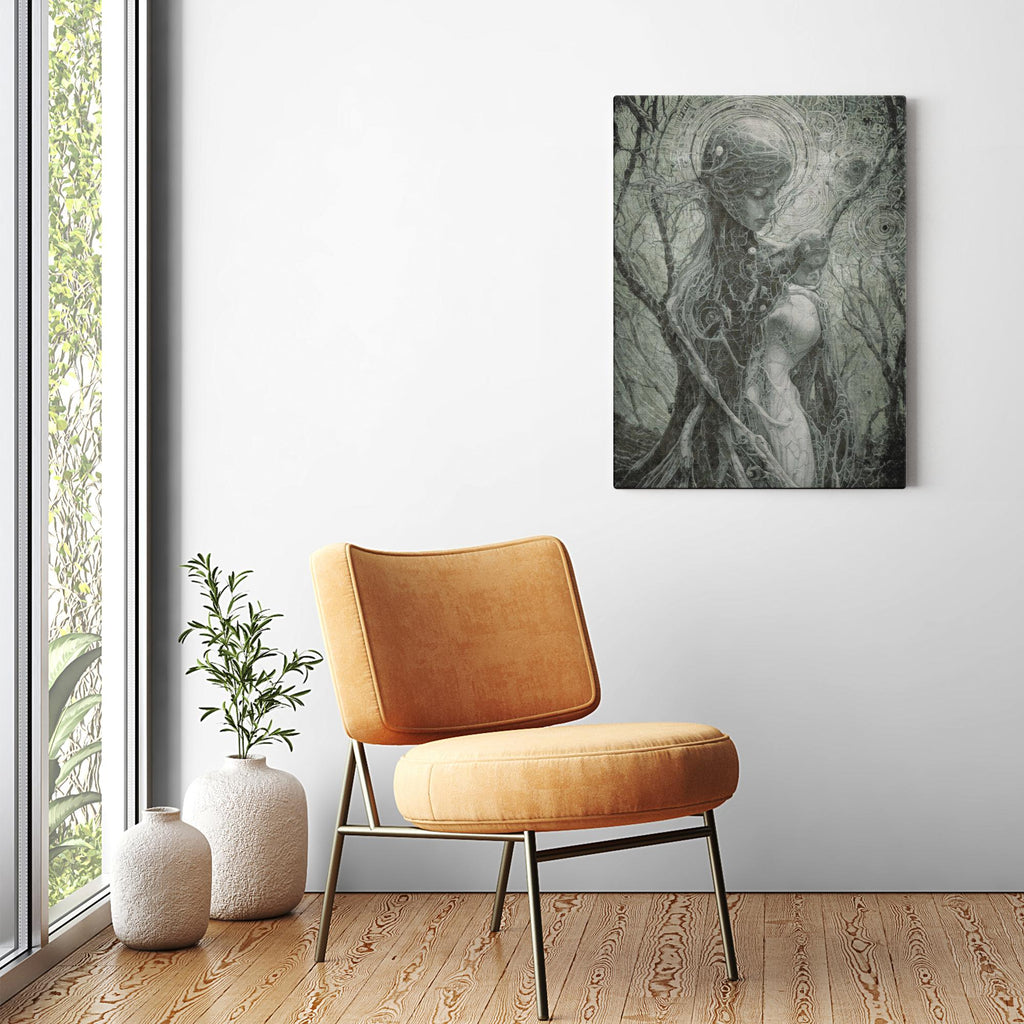 Mother Earth fine art print depicting nature as guardian with bark texture and root systems protecting new life
