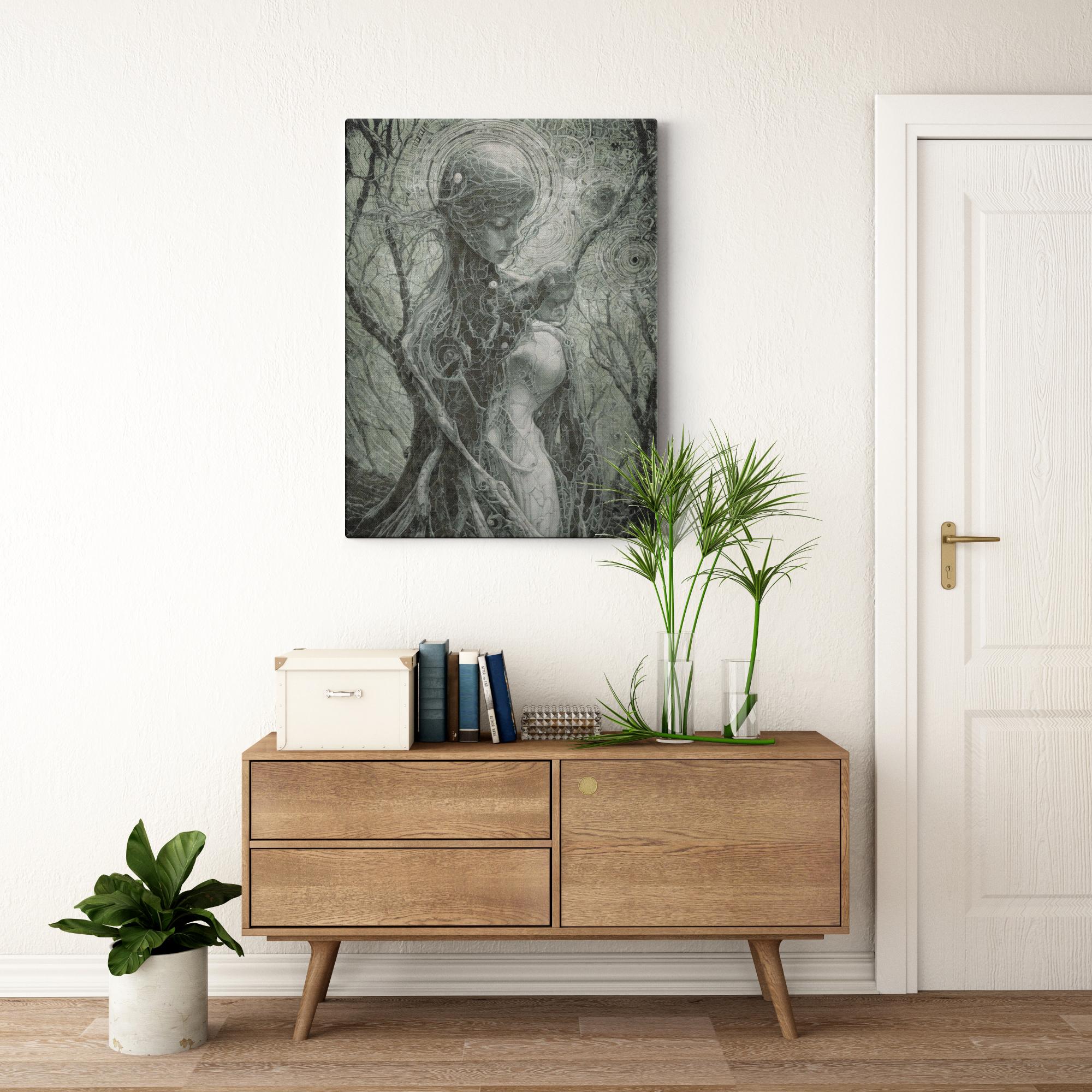 Mother Earth artwork in room setting showing symbolic bond between earth's soul and child through organic forms