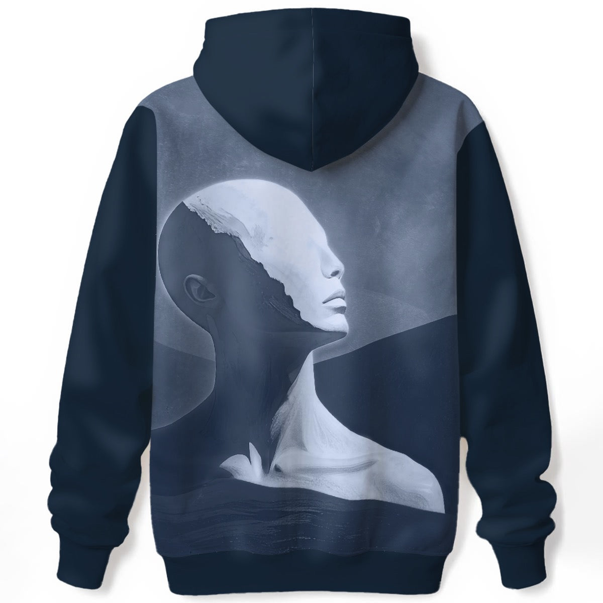 Mirrored human profile with fragmented geometric composition on navy and gray hoodie